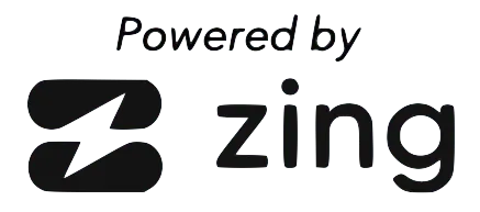 A black and white logo that says powered by zing