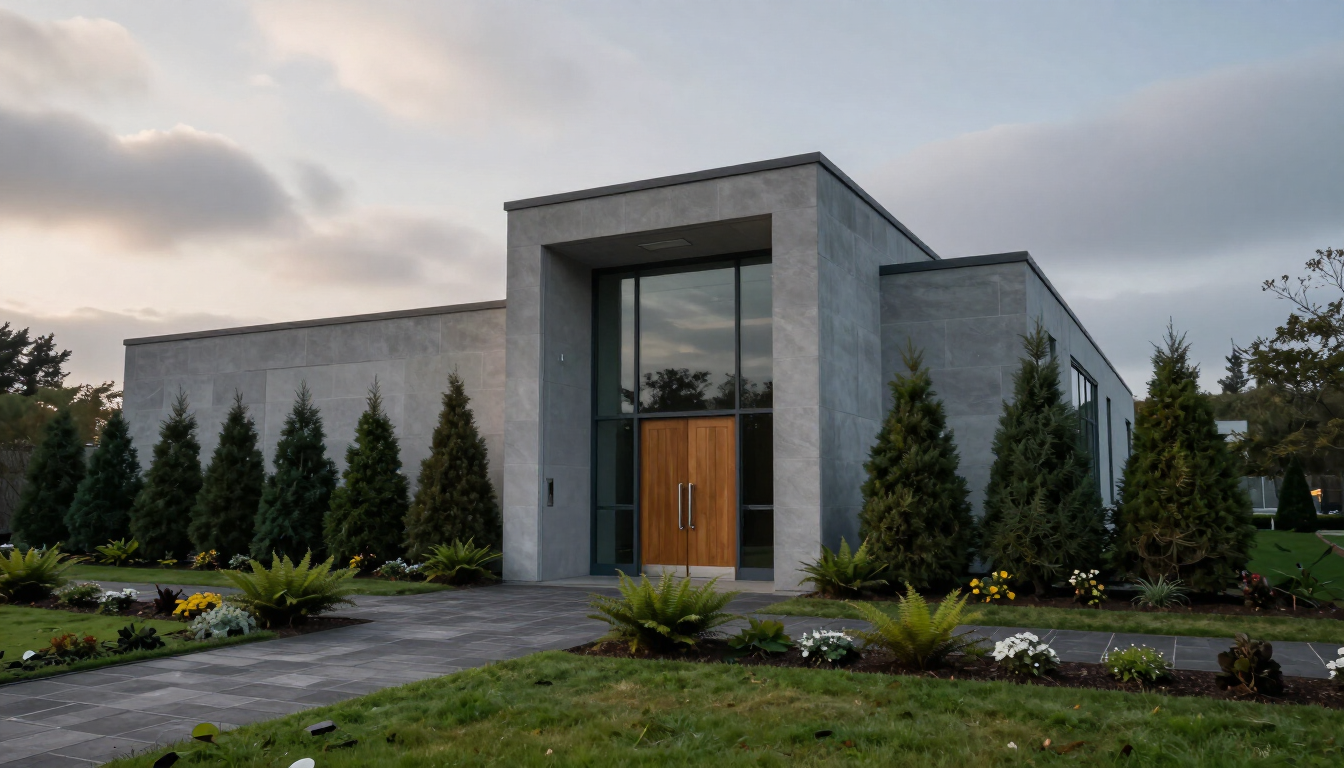 Illustratie van een modern crematorium — sfeerbeeld bij een budget crematie in Nederland
