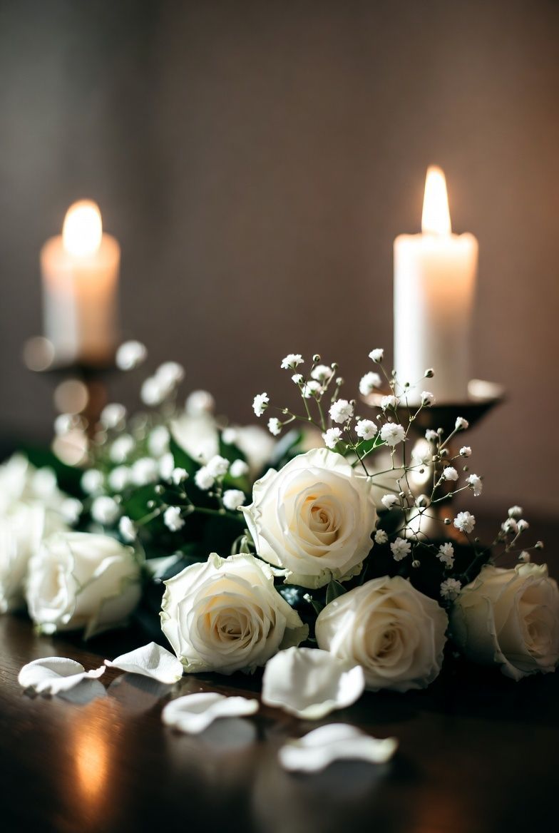 Witte bloemen en brandende kaarsen voor een warme sfeer in het rouwcentrum