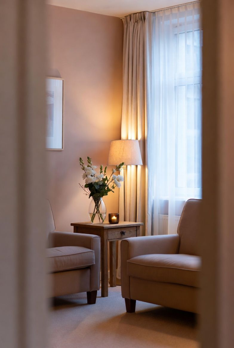 Warme huiselijke 24-uurskamer met bloemen en kaarsen