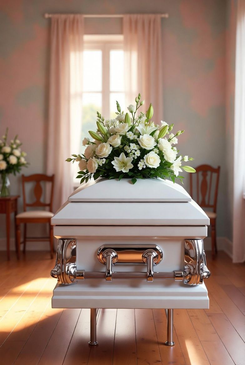 Serene opbaring met witte kist en bloemen in een rustige rouwkamer