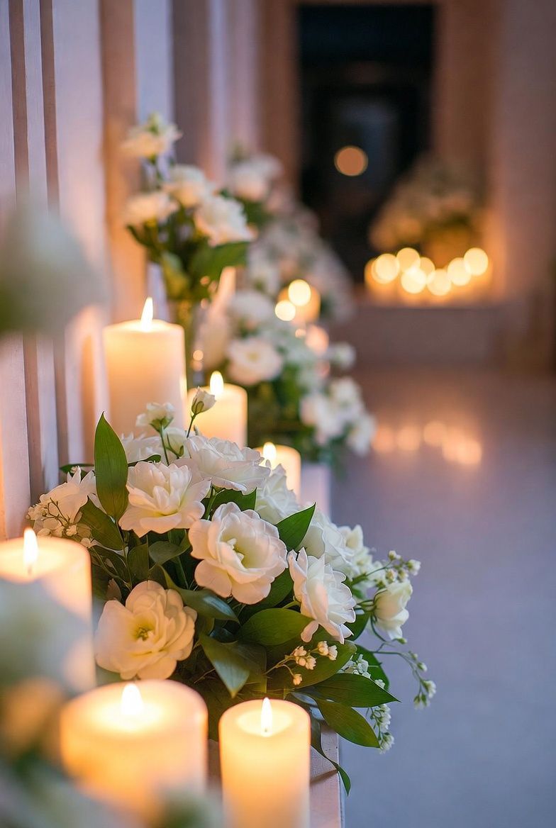 Witte bloemen en kaarsen voor een warme, troostende sfeer