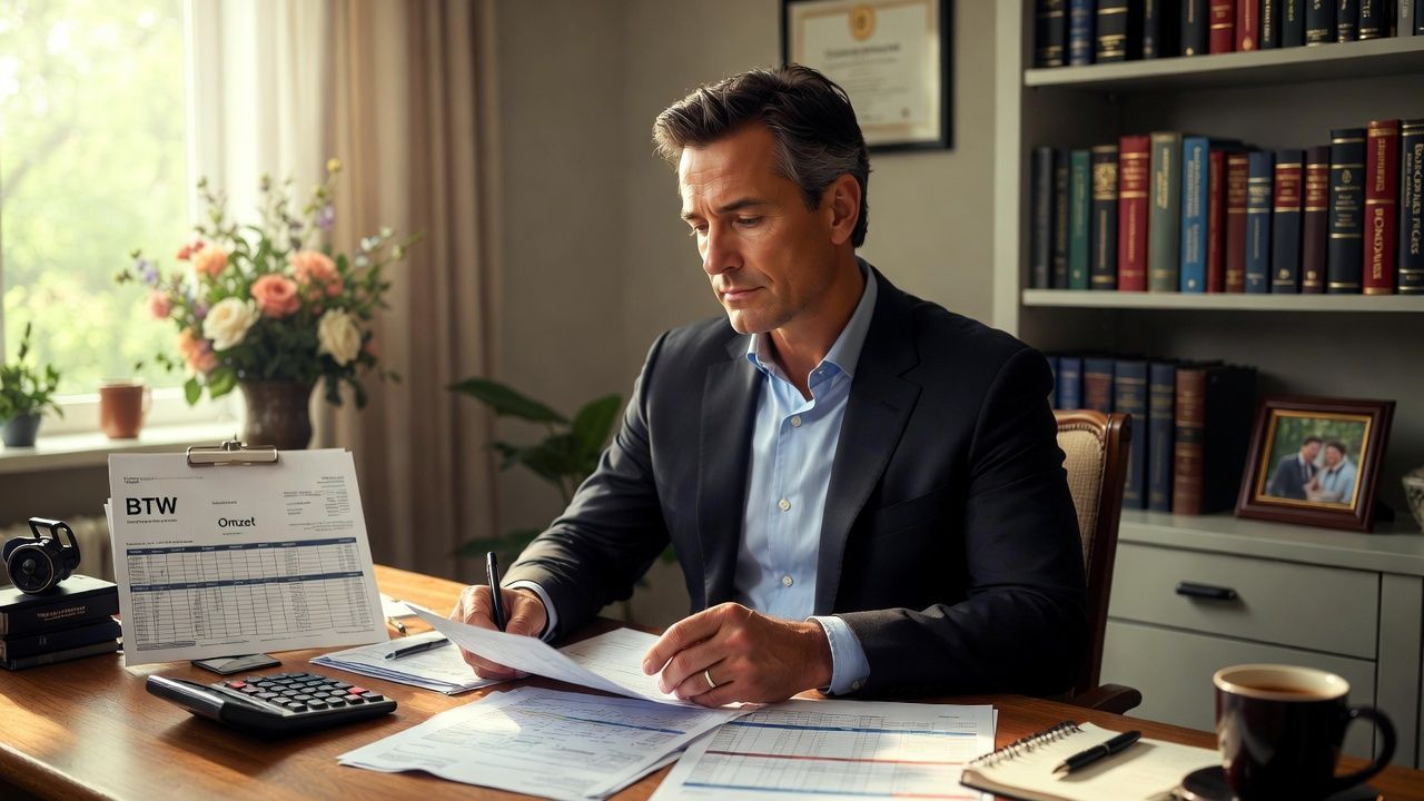 Uitvaartondernemer werkt aan BTW-administratie in professioneel kantoor. Professionele foto voor fin