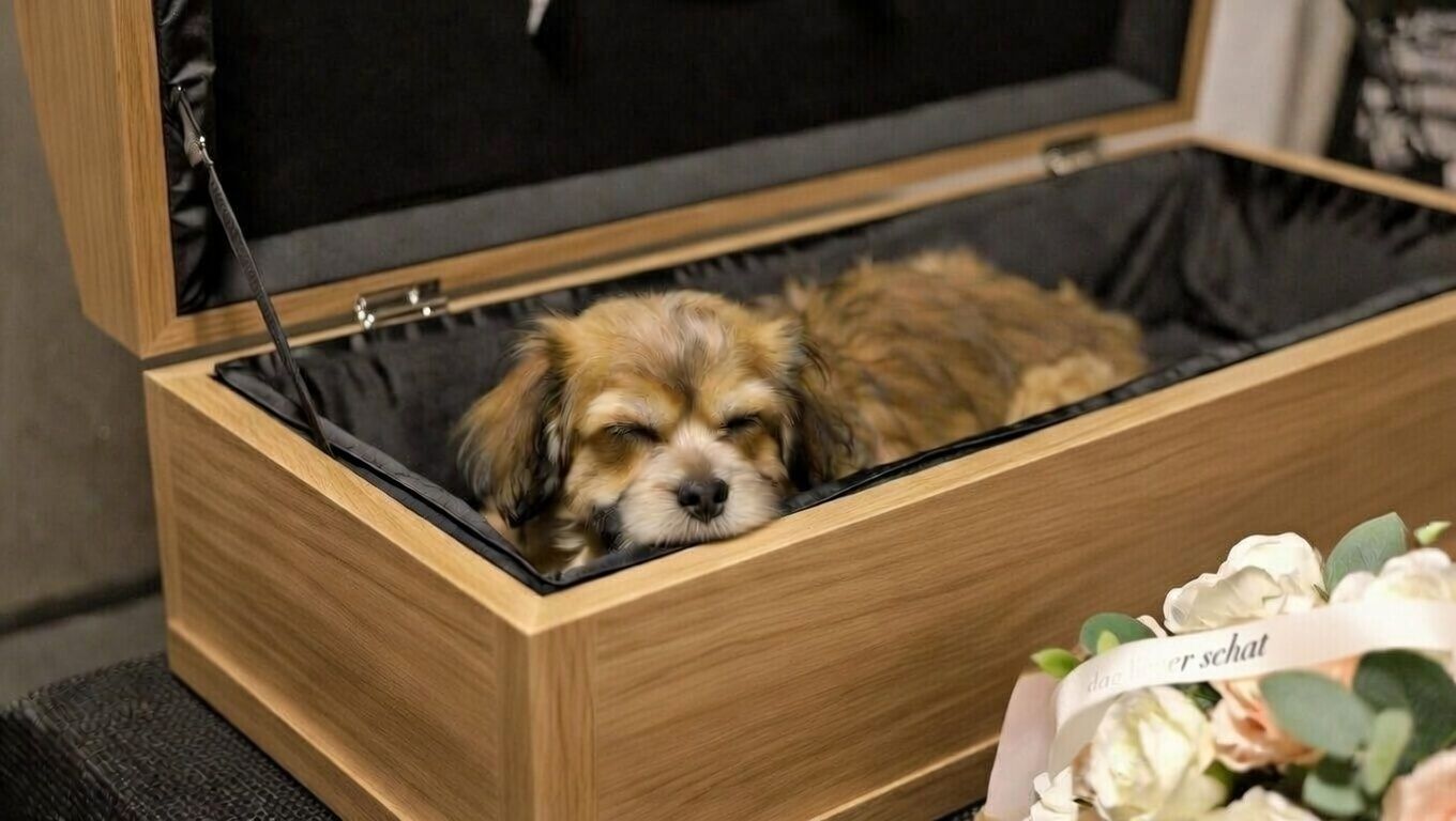 Verdrietig baasje met overleden hond in crematiekist huisdierenverzekering