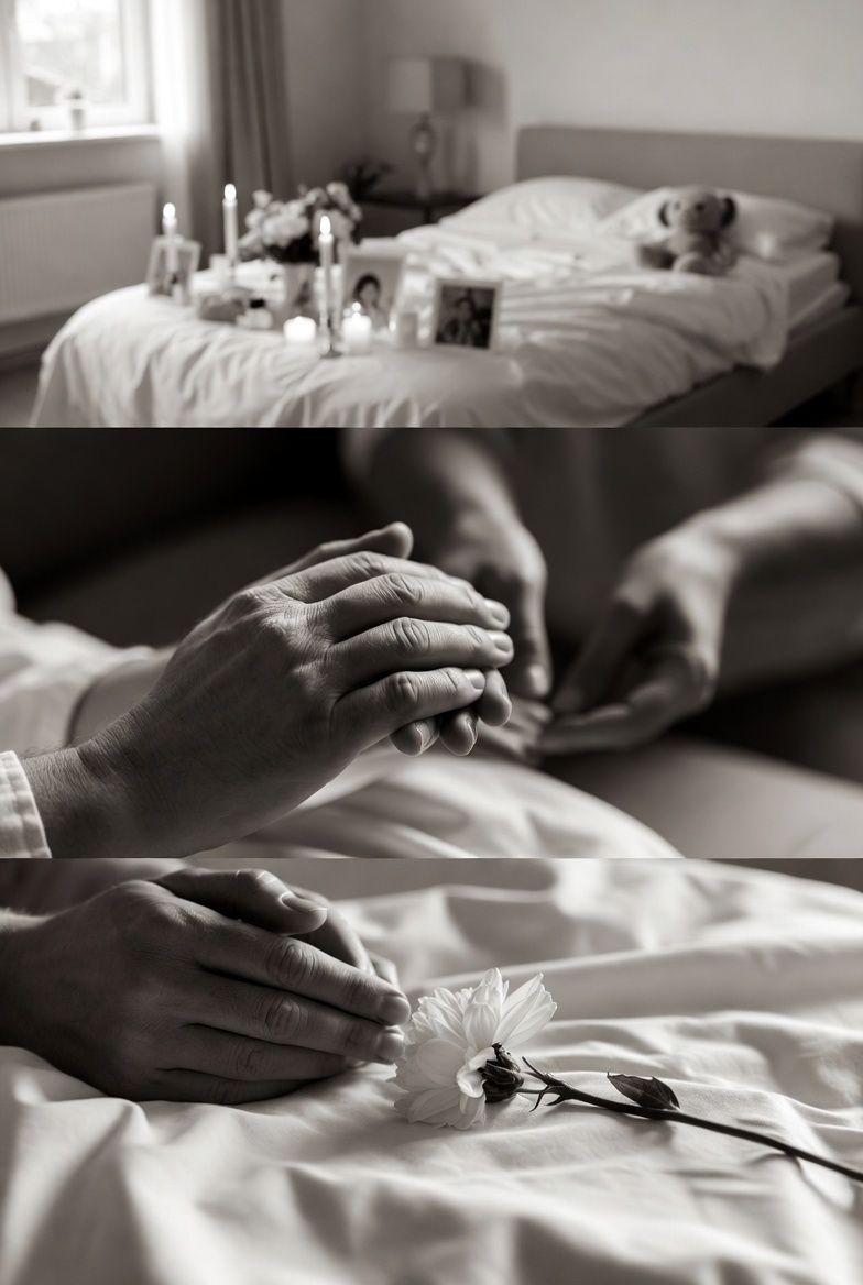 Rustige gevouwen handen met roos als symbool van sereen afscheid thuis