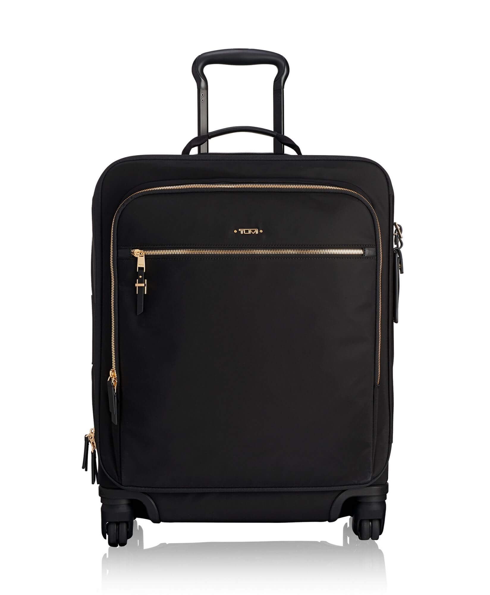 tumi voyager tres leger continental carry on black suitcase gold hardware with handle