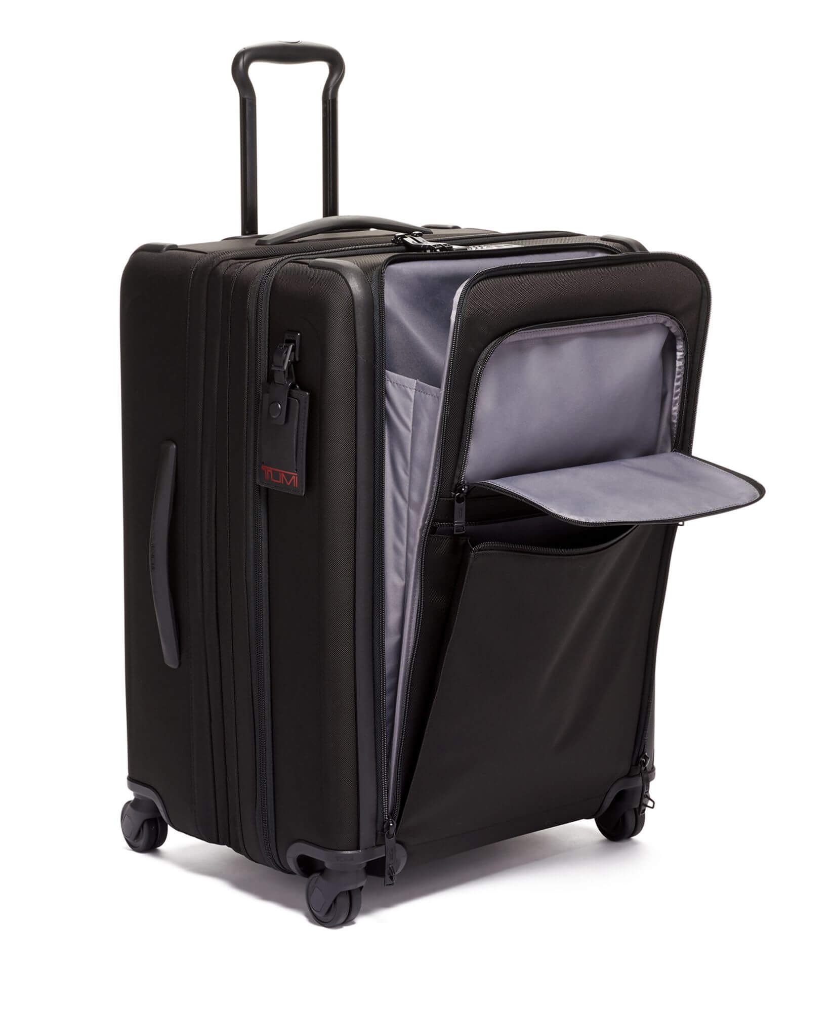 tumi short trip expandable black suitcase with open front pocket