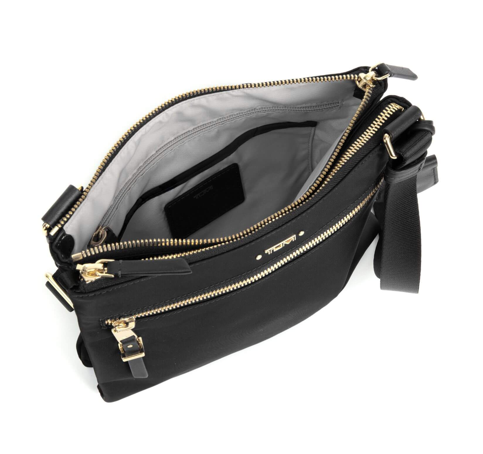 tumi voyageur tula crossbody bag black open zippered compartment
