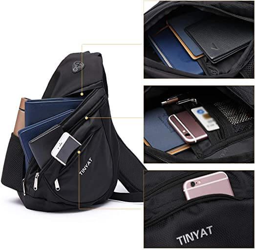 tinyat black sling bag multiple compartments open dividers phone sleeve