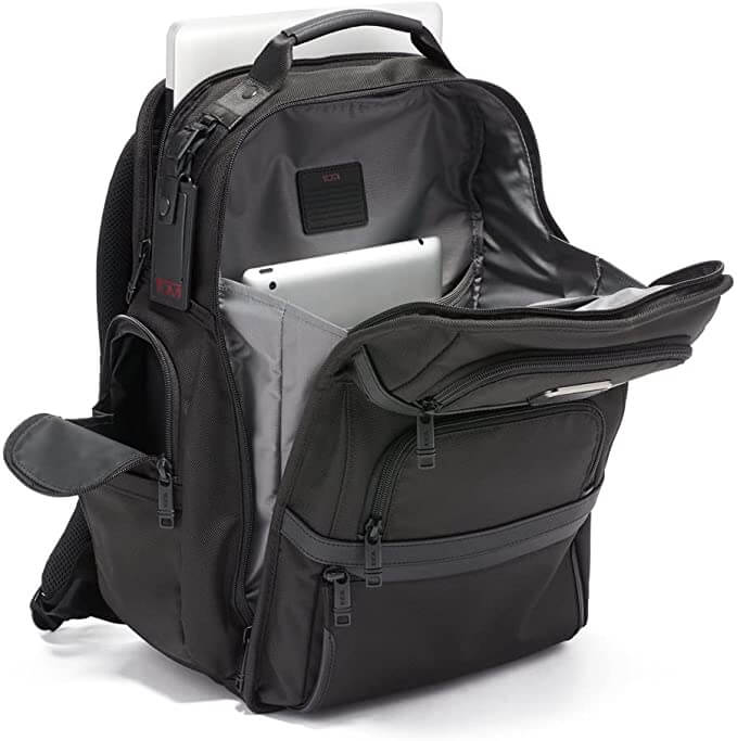tumi alpha black backpack open compartments