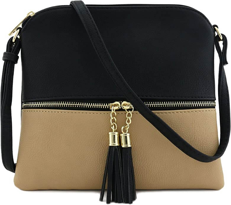 deluxity zippered crossbody bag black and taupe gold hardware black tassel