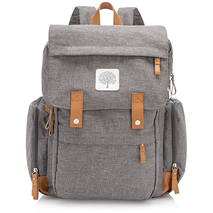 parker baby backpack grey backpack tan handle tan accents white tree logo
