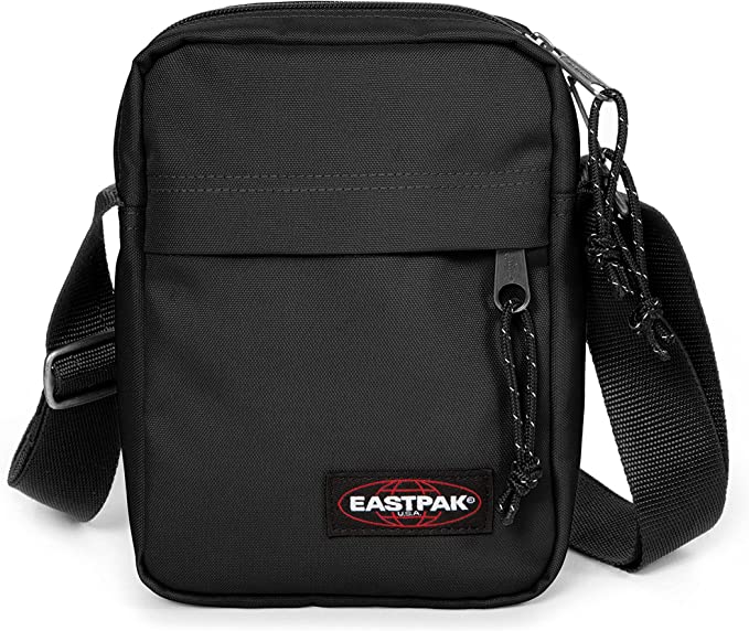 eastpak black crossbody bag with strap red eastpak logo two zippers