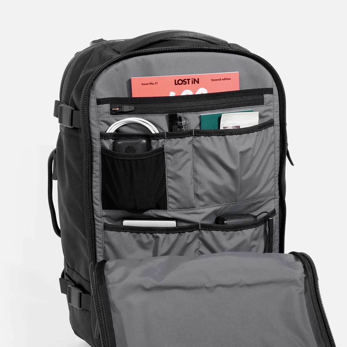 aer travel pack 3 black backpack open compartments
