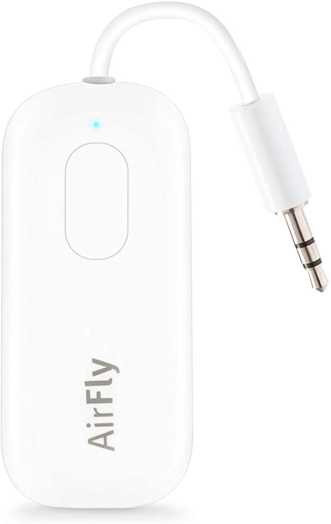 airfly bluetooth transmitter white transmitter with 3.5mm audio jack grey text with blue indicator light