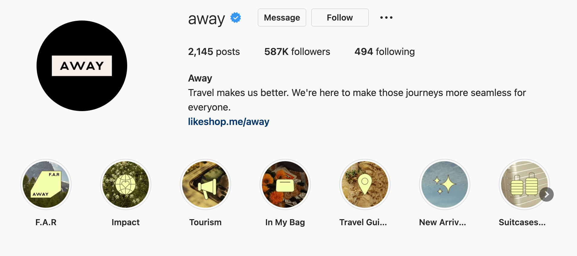 away instagram page with icons for various highlights of luggage brand