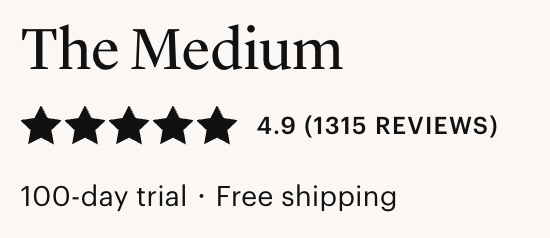 away the medium website reviews 4.9 stars out of 5 and 1315 reviews black stars and text over tan background