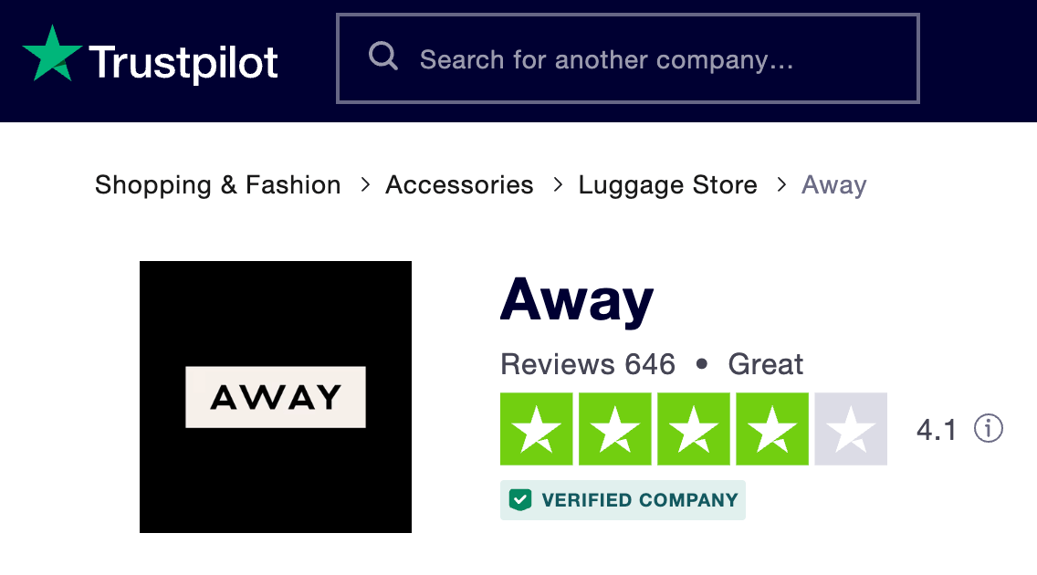 away trustpilot website review 4.1 stars green stars on white website with black and white Away logo