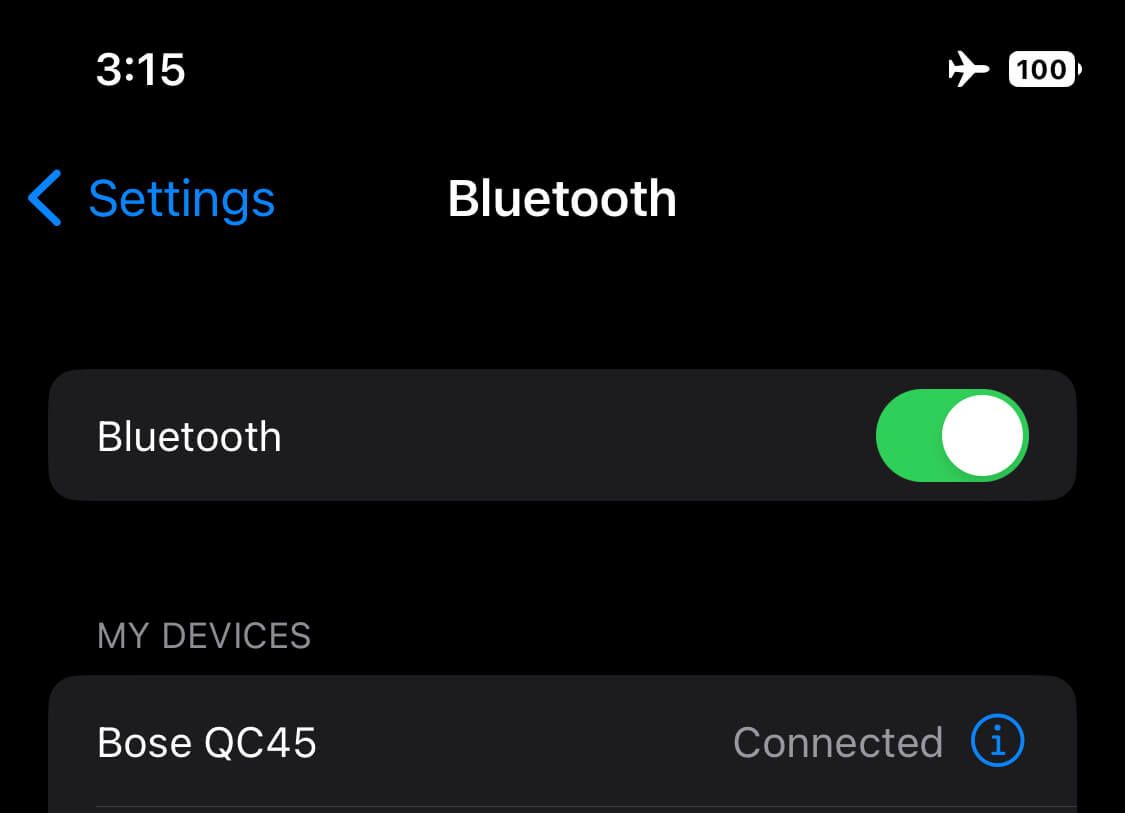 apple iphone bluetooth pairing screenshot Bose QC45 connected phone in airplane mode