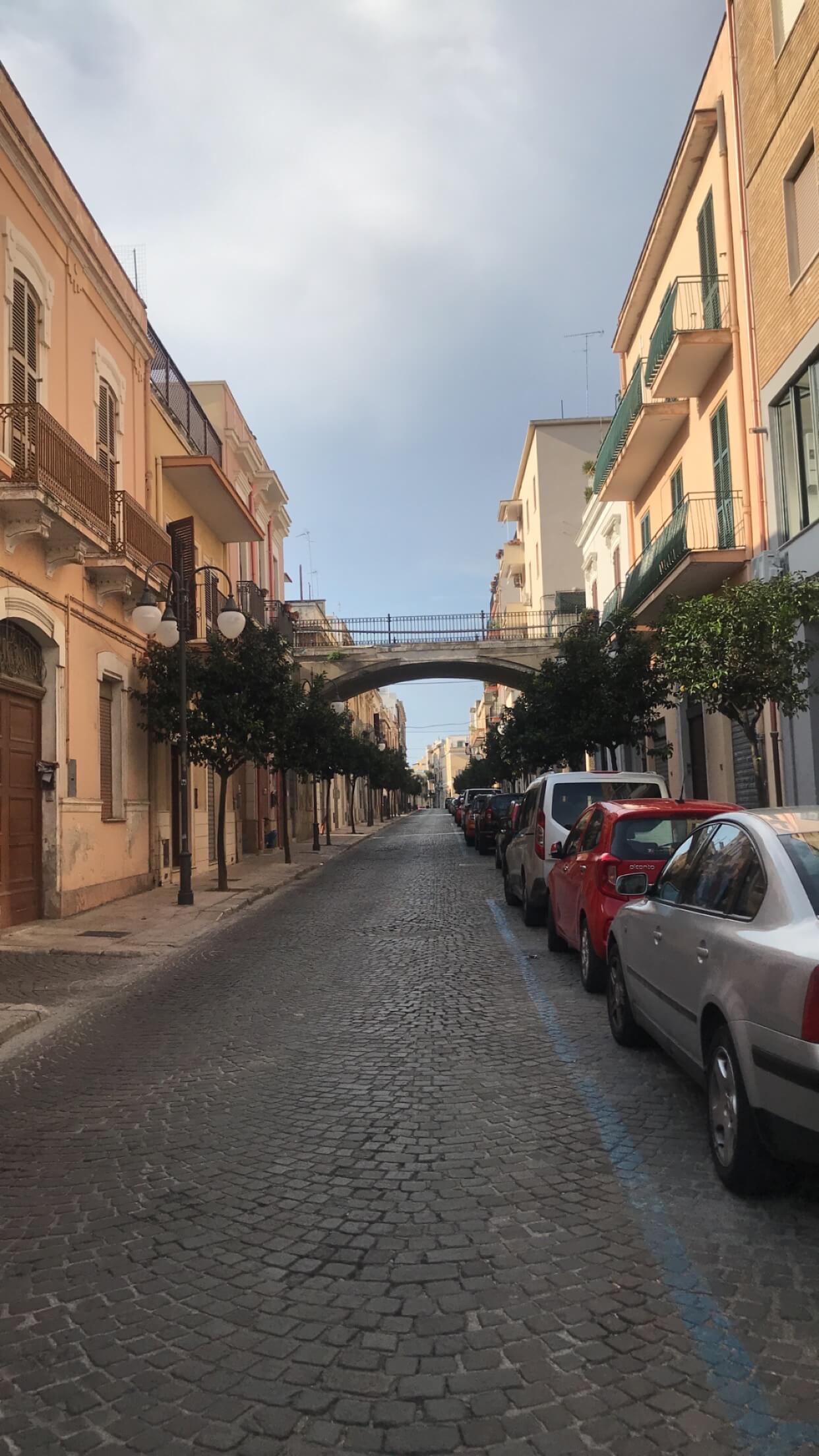 Brindisi Italy street with multiple cars and an arch bridge for pedestrian crossing and green trees among buildings