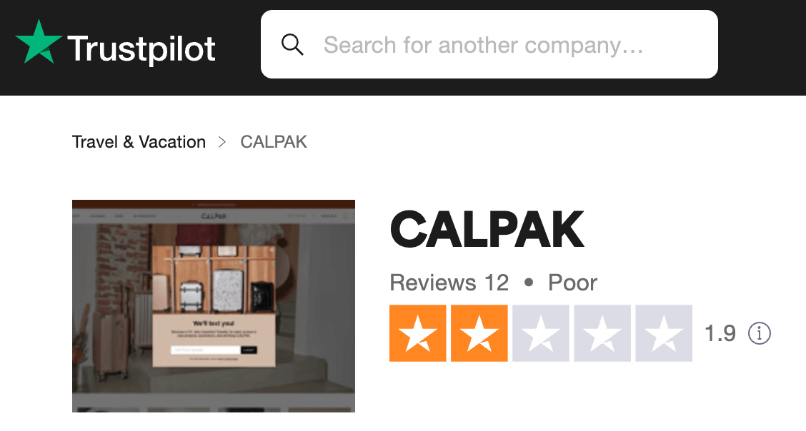 calpak trustpilot profile black calpak logo two orange stars 1.9 rating 12 reviews rated poor