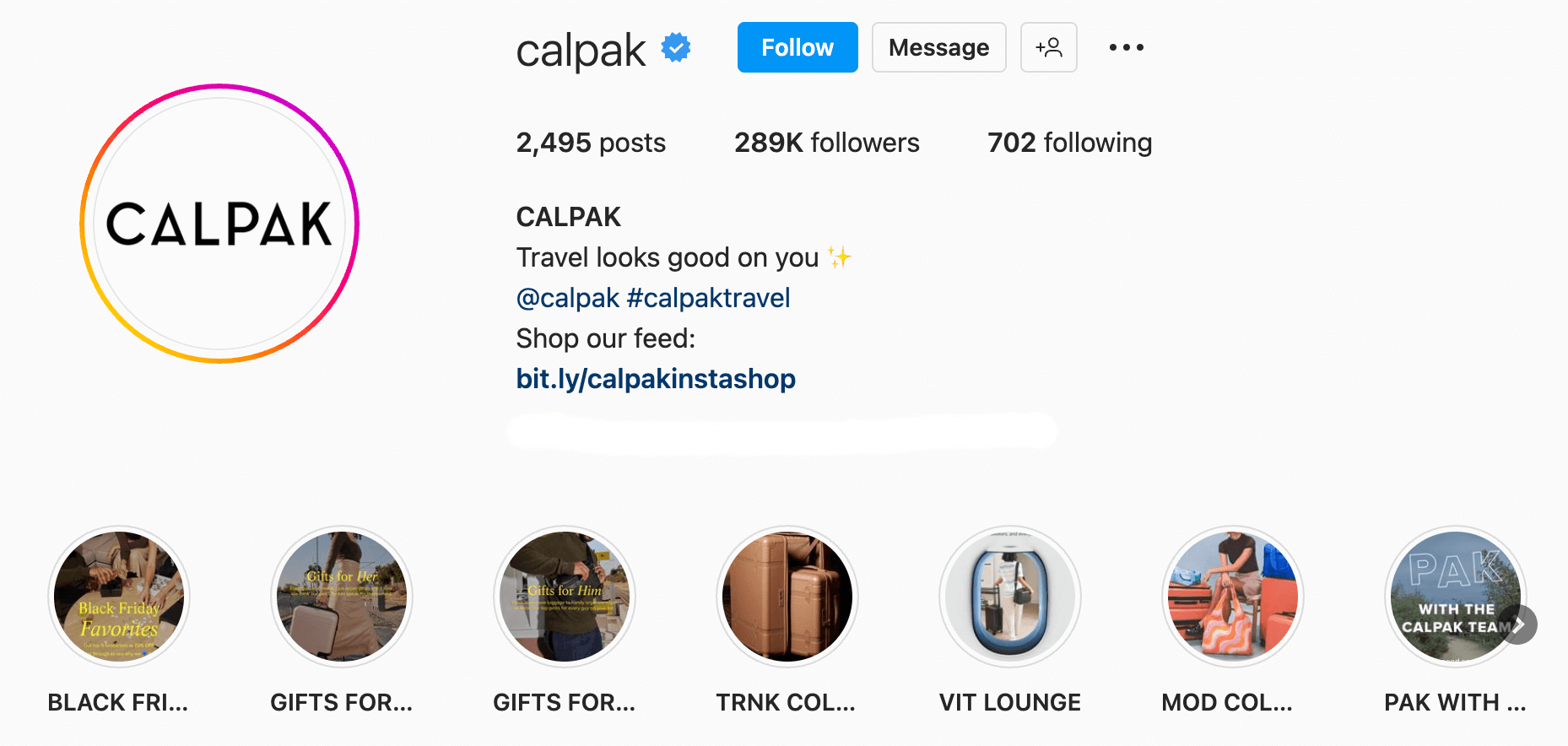 calpak instagram profile white calpak logo with black text 7 story highlights at bottom link to calpak insta shop