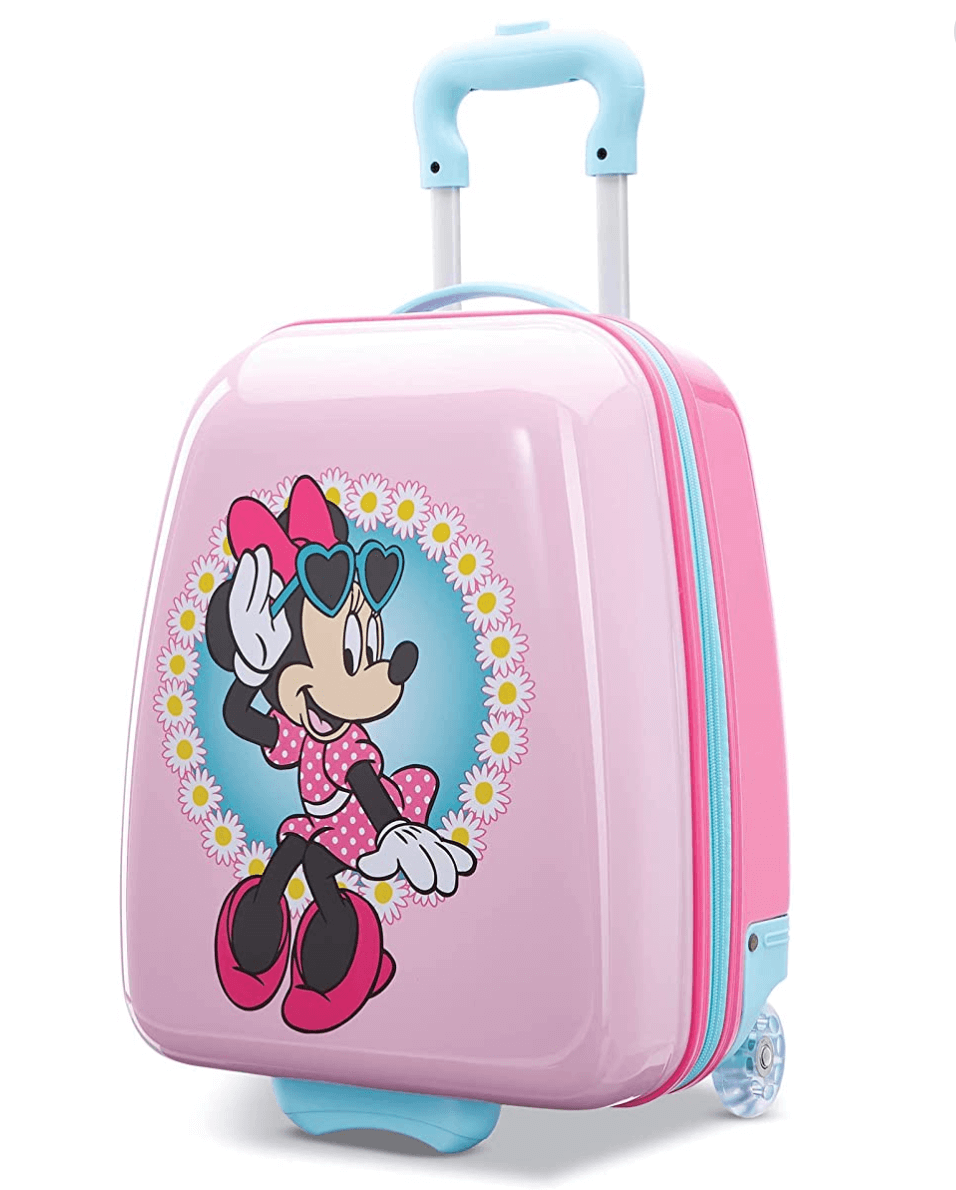 american tourister disney carry on pink suitcase blue zippers and wheels minnie mouse image on front with daisies
