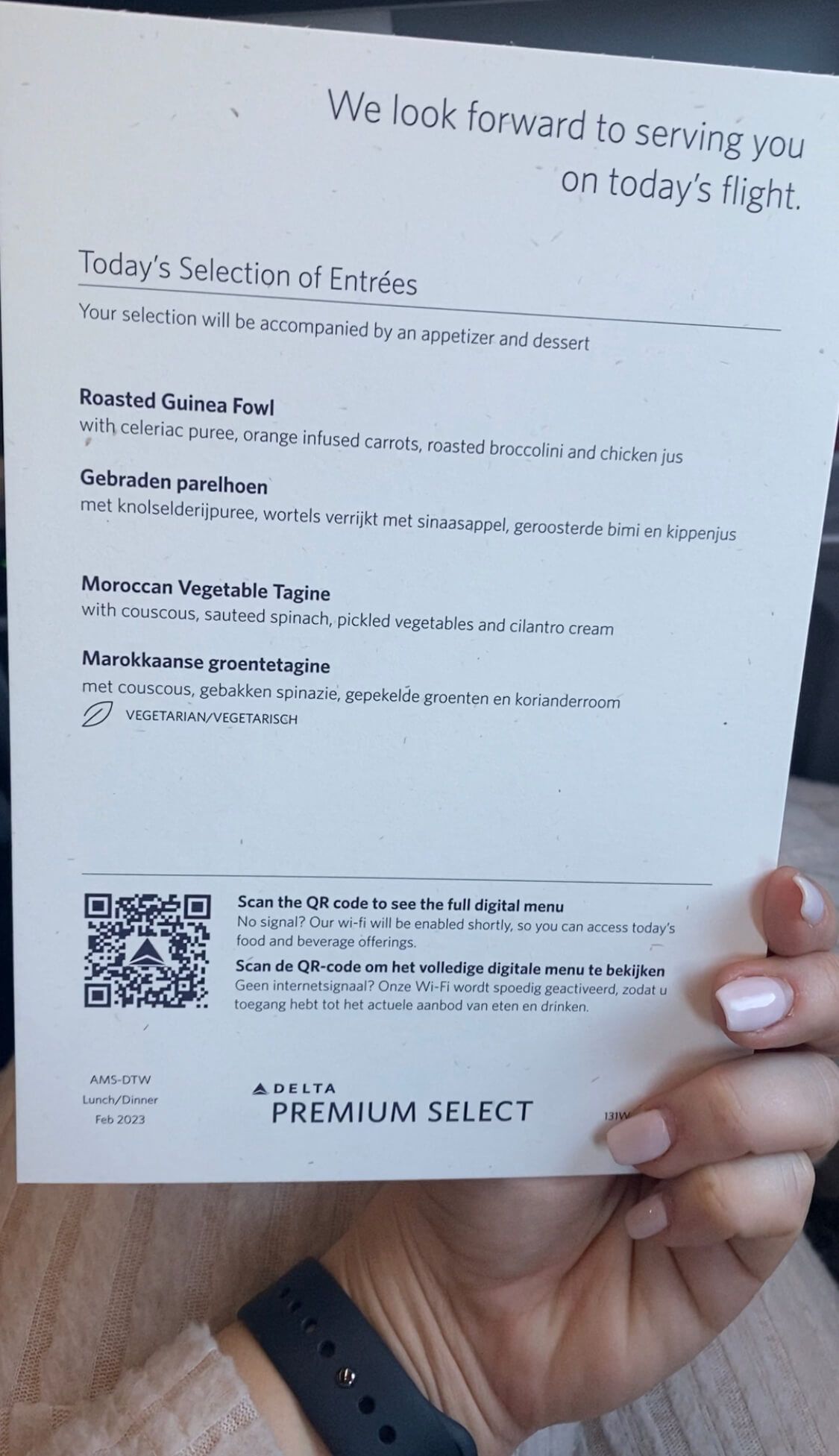 delta premium select lunch menu flight amsterdam to detroit selection of entrees and QR code for full menu