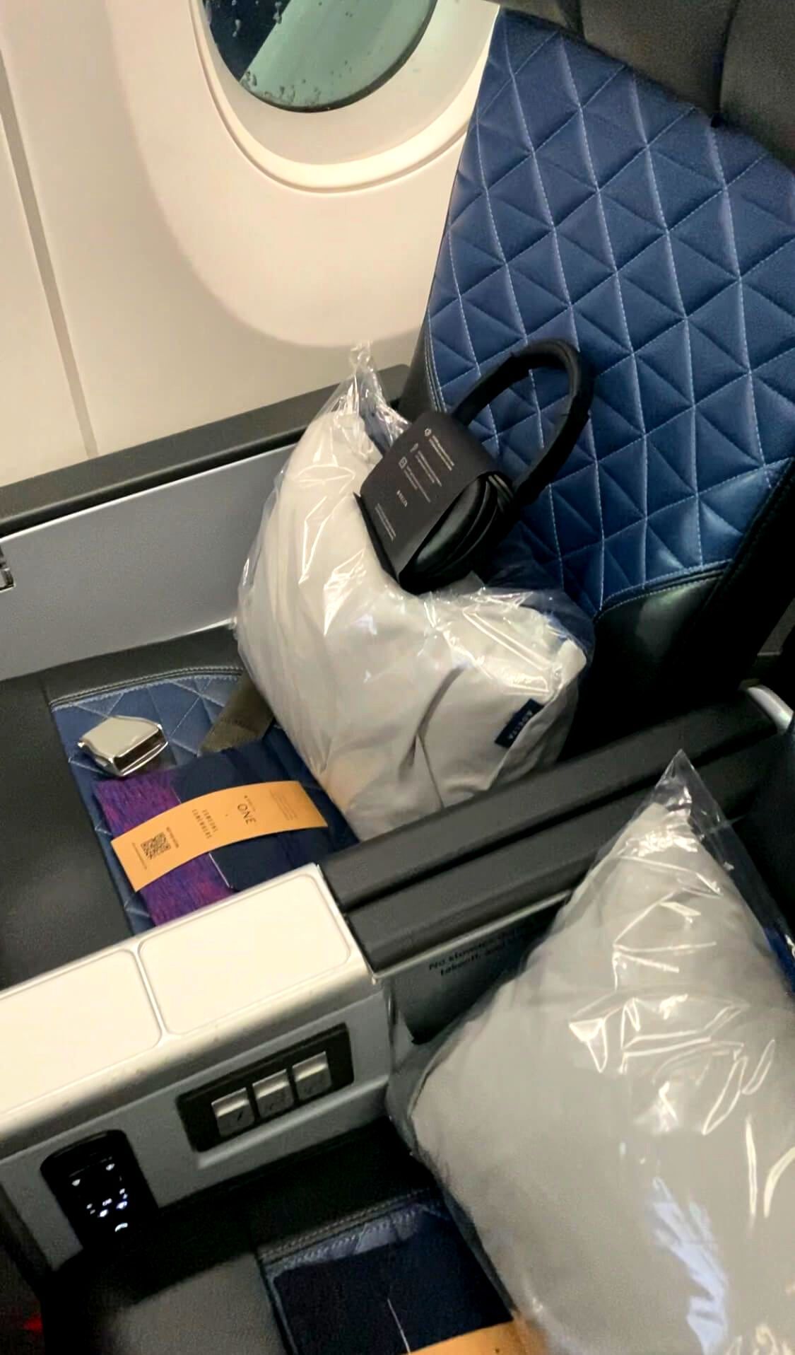 delta premium select cabin seat blue seatback gray pillow black headphones light gray arm rest silver buttons two plane seats