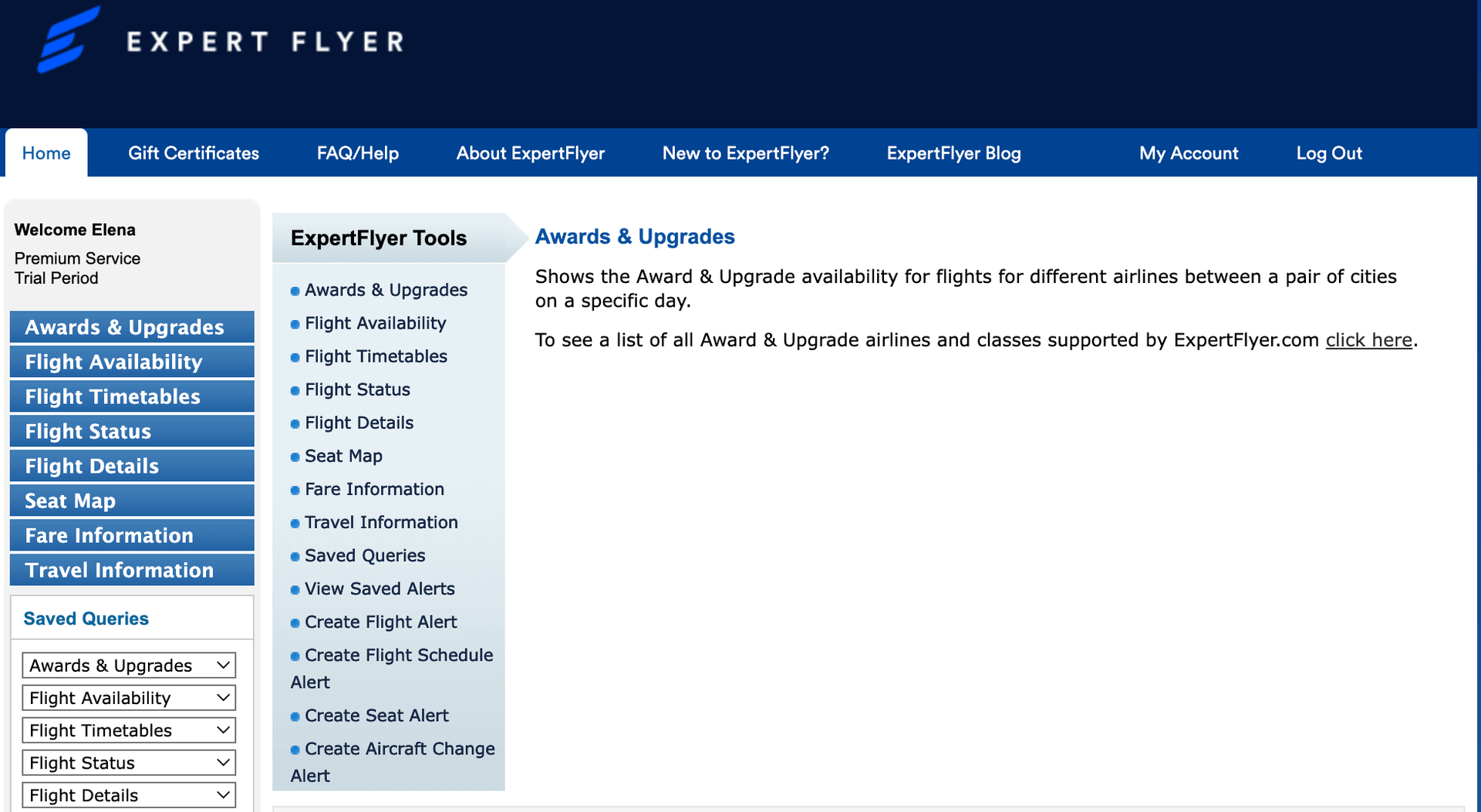 expertflyer.com home page login page menu of options on left side in blue search awards and upgrades flight seats timetables