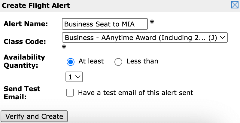 expertflyer custom flight alert window alert name business seat to MIA with business class seat chosen 1 seat verify and create button at bottom