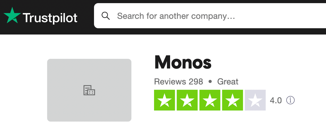 monos trustpilot review black trustpilot logo green star, 4.0 star rating 298 reviews greatrating