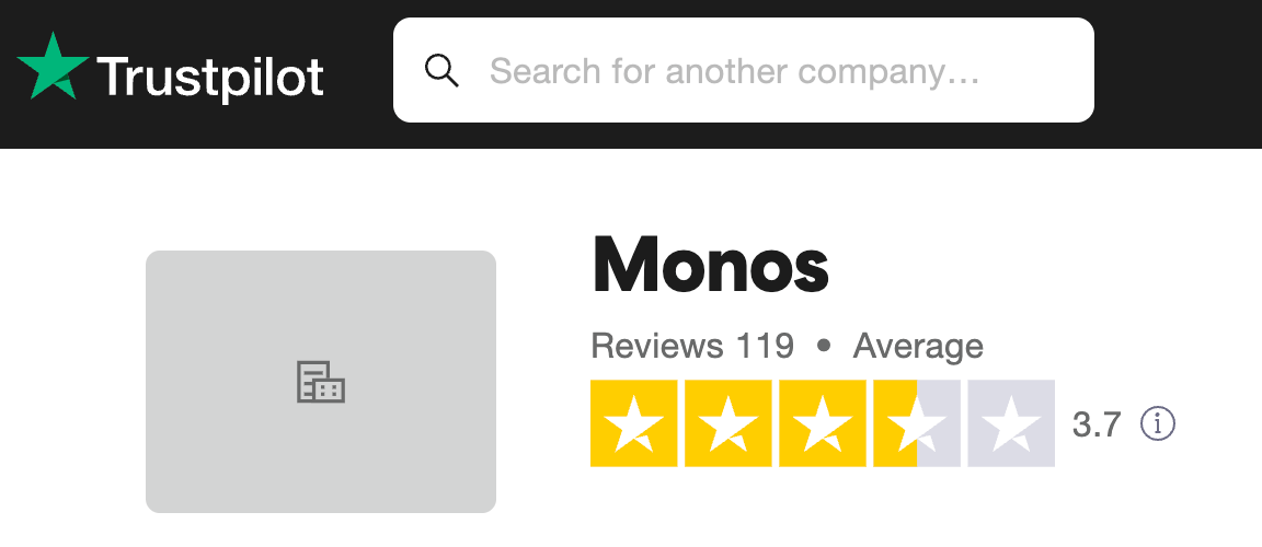 monos trustpilot review black trustpilot logo green star, 3.7 star rating 119 reviews average rating