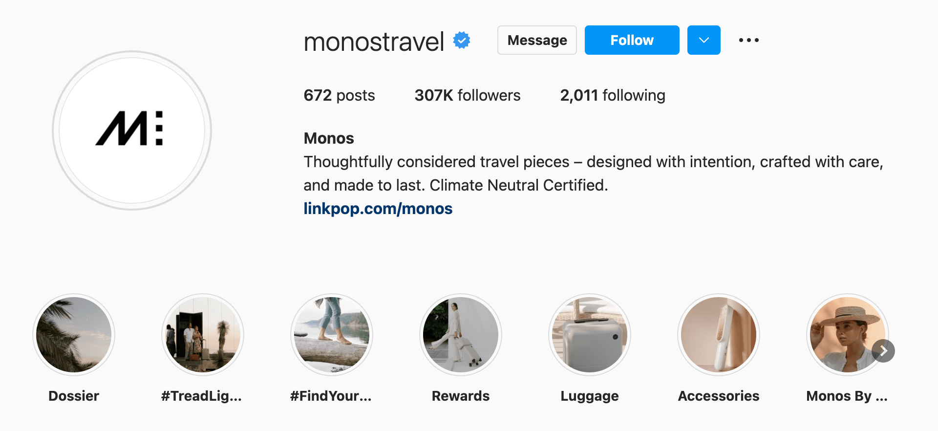 monos instagram page with icons for various highlights of luggage brand