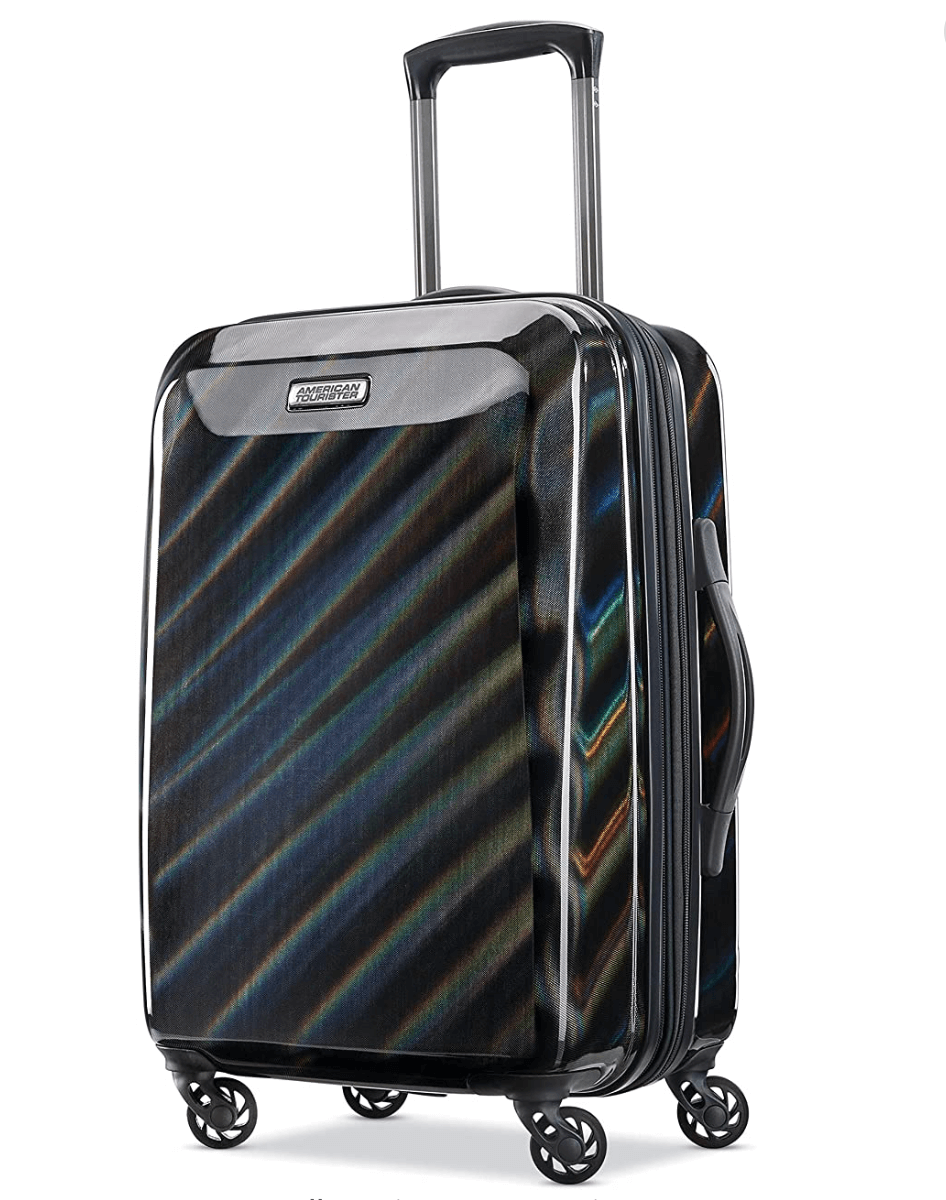 american tourister carry on luggage black iridescent american tourister logo expanded handle black wheels