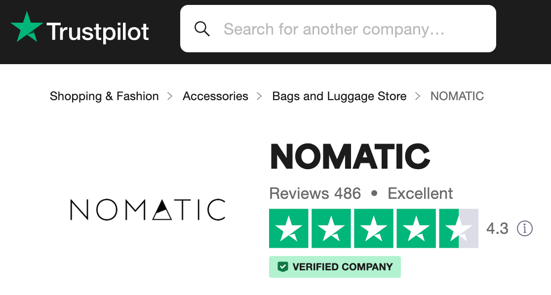 nomatic trustpilot review 4.3 stars out of 5 green star icons black nomatic logo trustpilot site describing an excellent rating