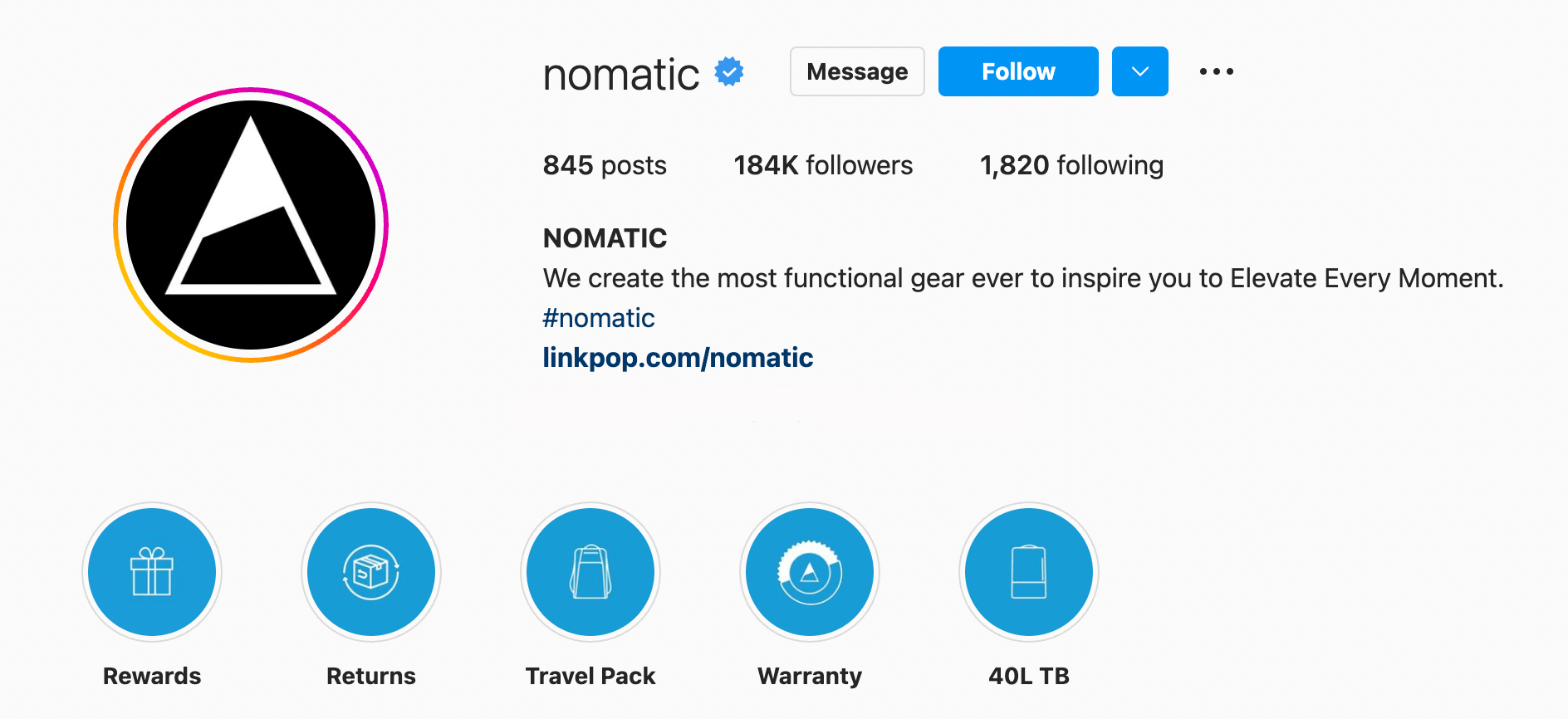 nomatic instagram page black nomatic triangle logo with blue highlight stories