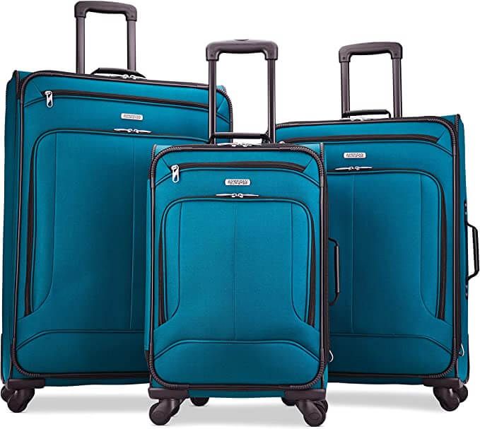 american tourister teal luggage set three suitcases small medium and large black piping and zippers silver american tourister logo on front