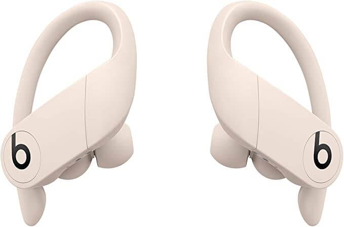 beats powerbeats pro wireless headphones ivory headphones right and left ear black B logo on each