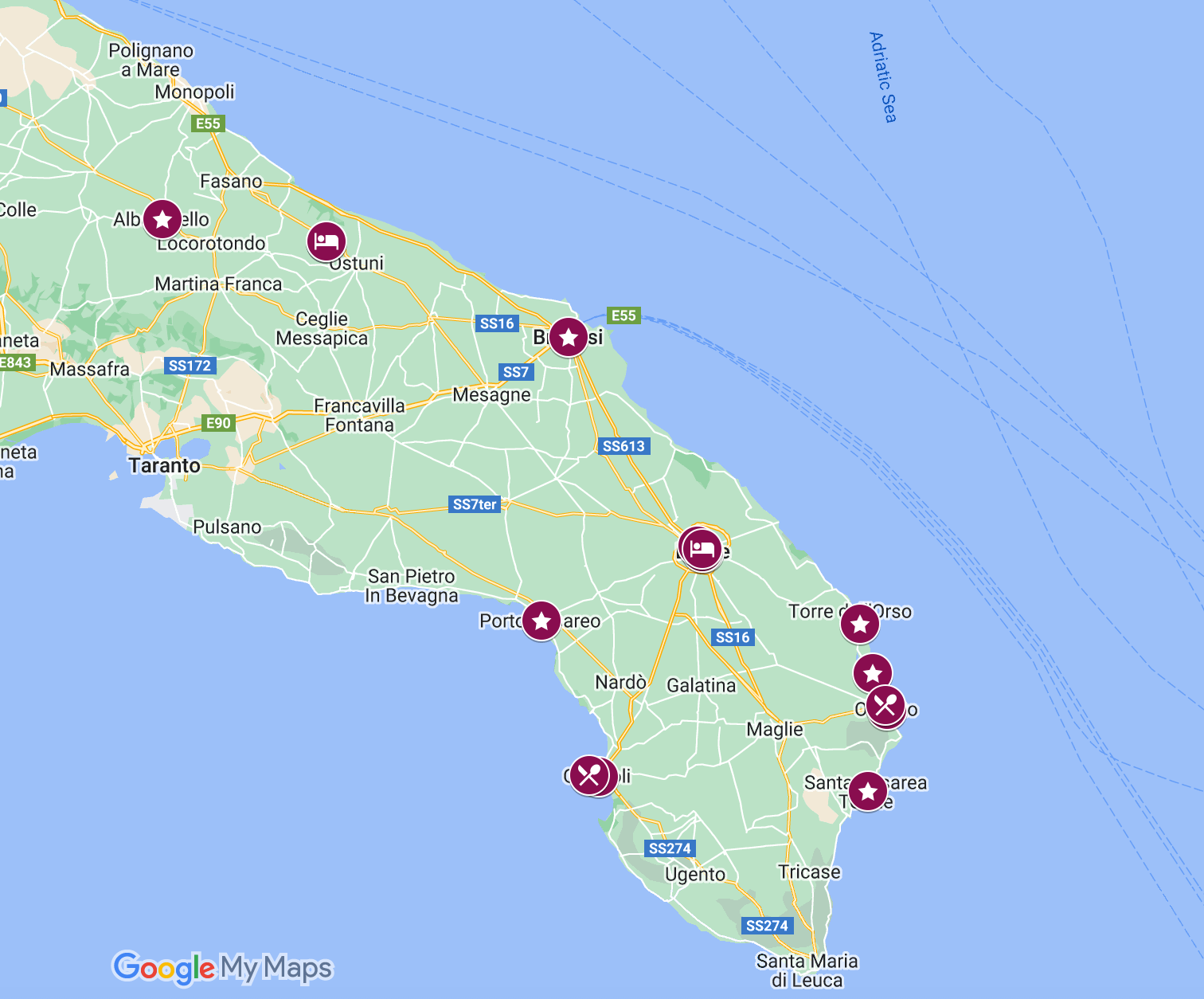 Google map screenshot of Puglia Italy with cities restaurants and attractions favorited with burgundy icons