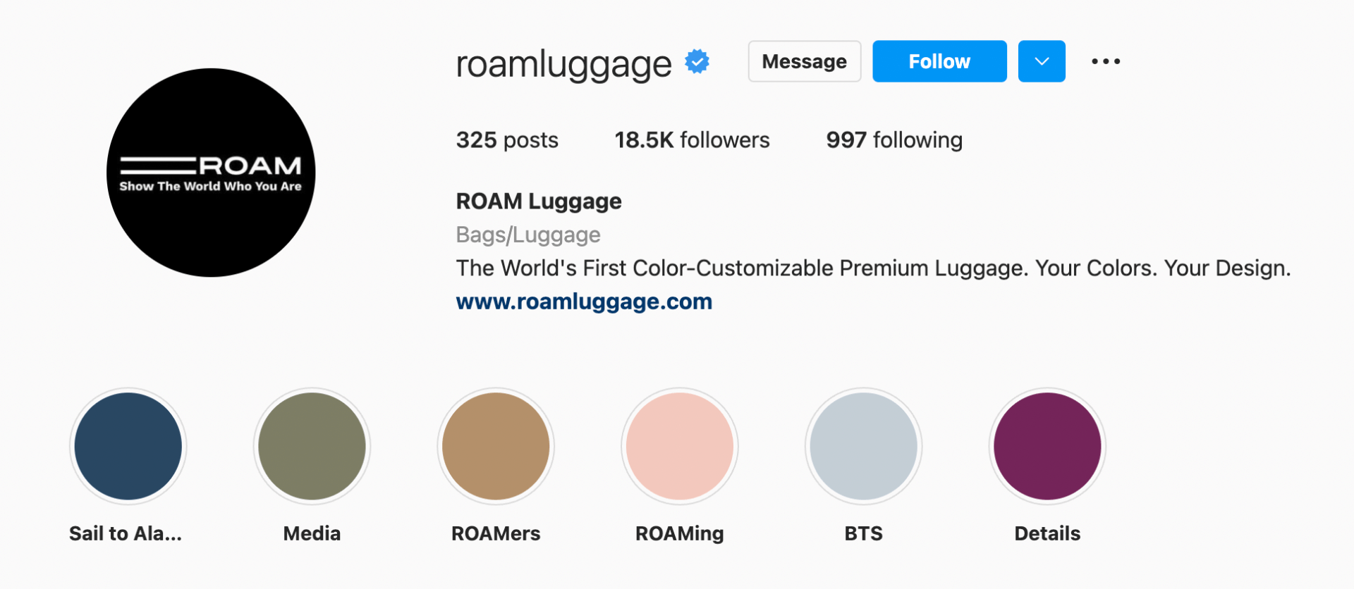 roam instagram page black roam logo verified page link to website and several highlight reels showcasing the luggage brand