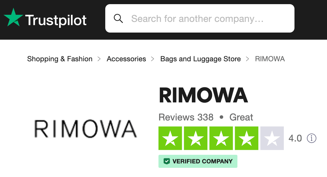 rimowa trustpilot profile black rimowa logo four green star rating great rating, icon for verified company