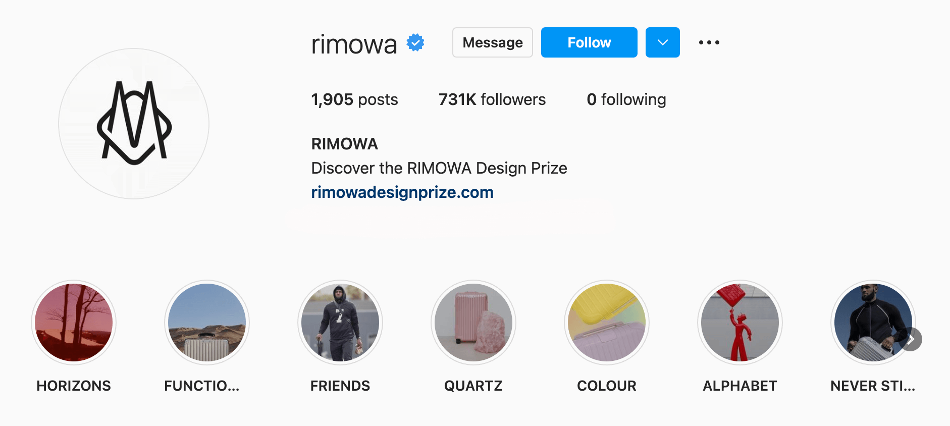 rimowa instagram profile white and black rimowa logo and seven story highlights