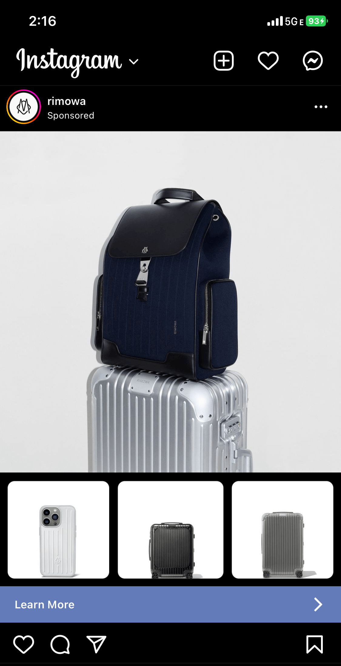 instagram screenshot of rimowa suggested post black backpack resting on silver aluminum suitcase