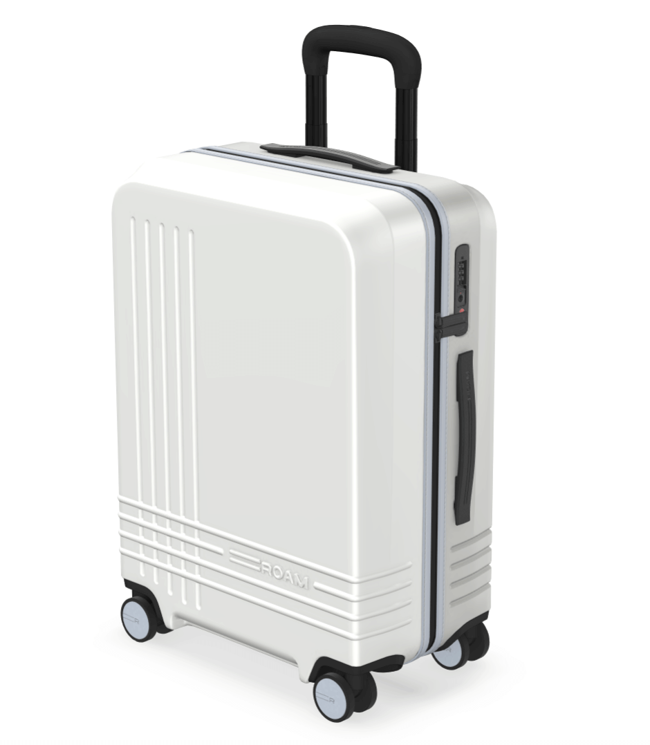roam check in suitcase luggage white front grey back black zipper with blue accents and black handle