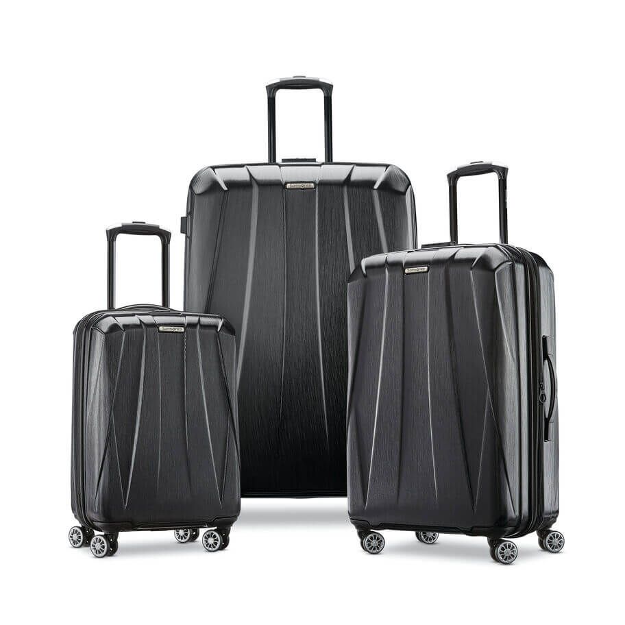 samsonite centric 2 three piece luggage set black luggage carry on suitcase medium checked bag large checked bag silver wheels black handles