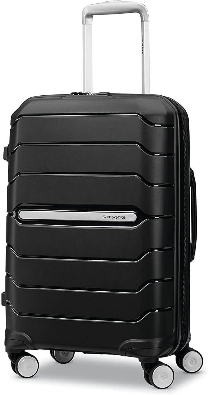 samsonite freeform hardside carry on suitcase black suitcase metal samsonite logo in center silver handle expanded