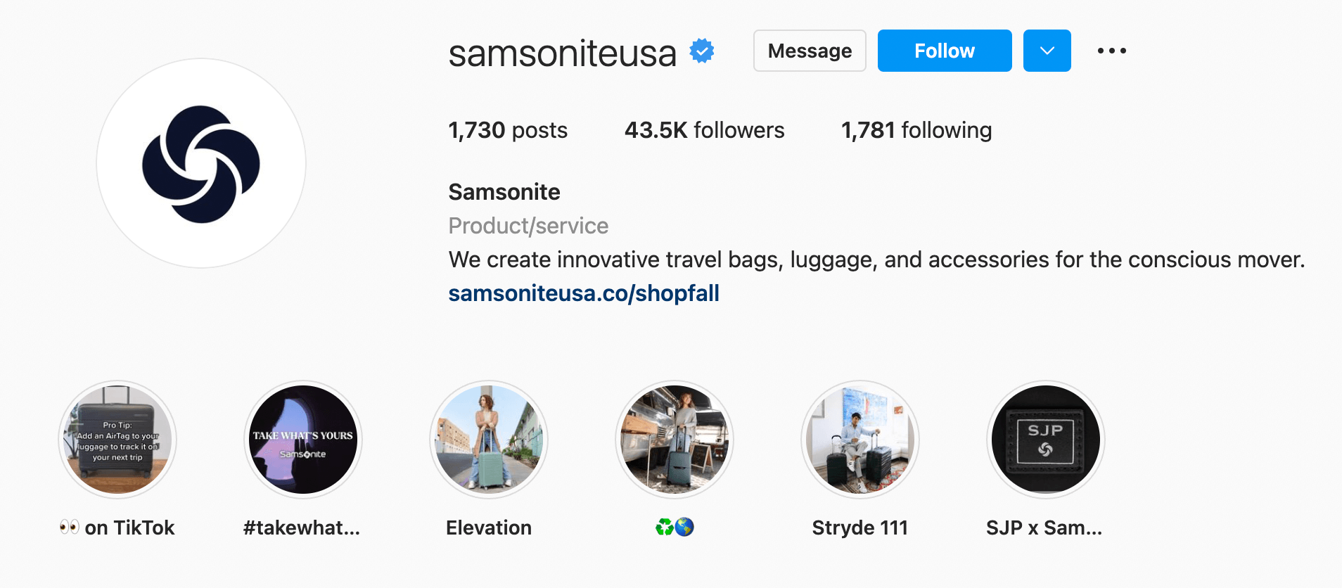 samsoniteusa instagram page samsonite logo highlight reels showing luggage and sustainability initiatives