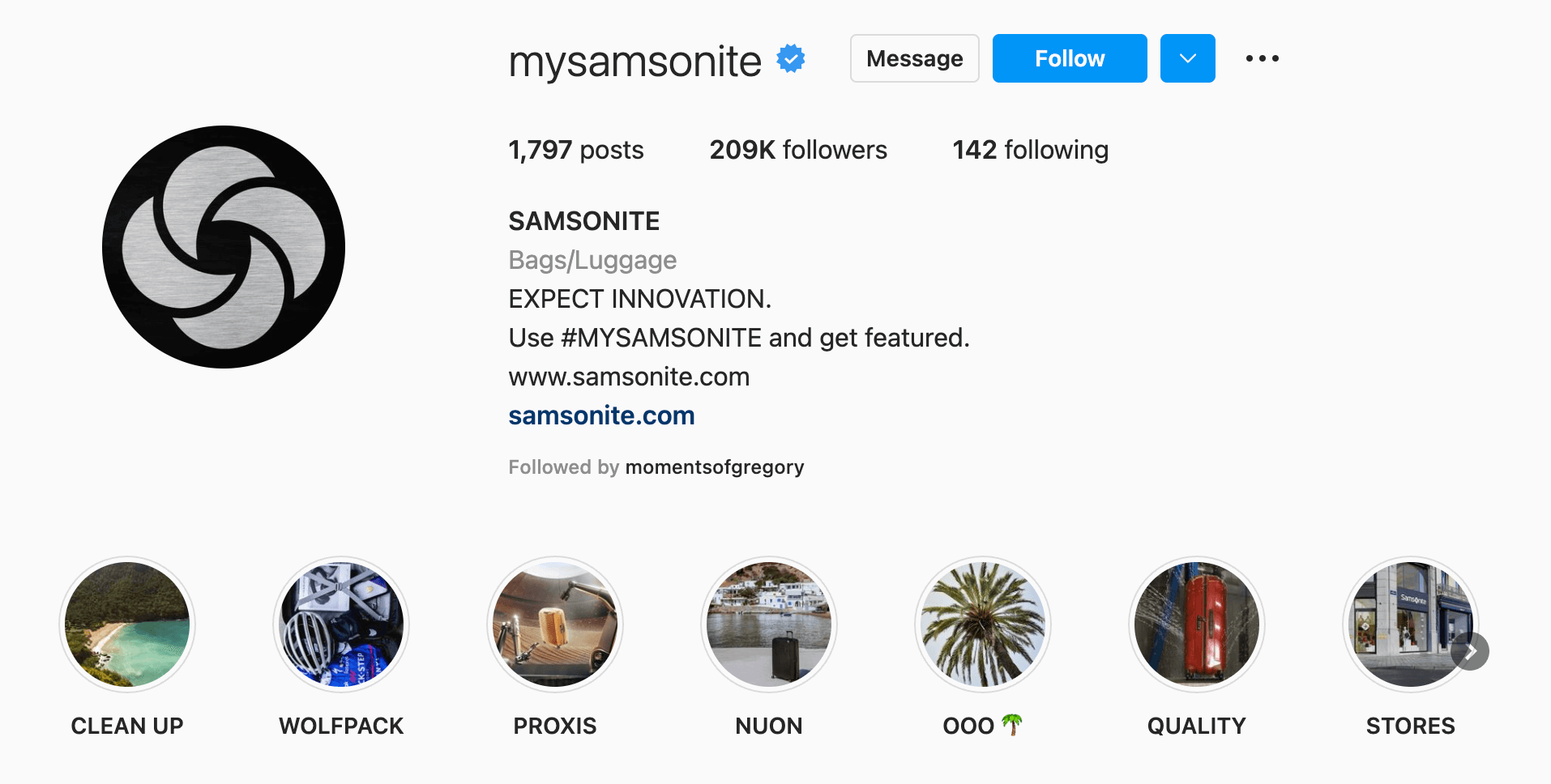 mysamsonite instagram page showing #mysamsonite hashtag black samsonite logo several highlights of stories with luggage styles and sustainability initiative work
