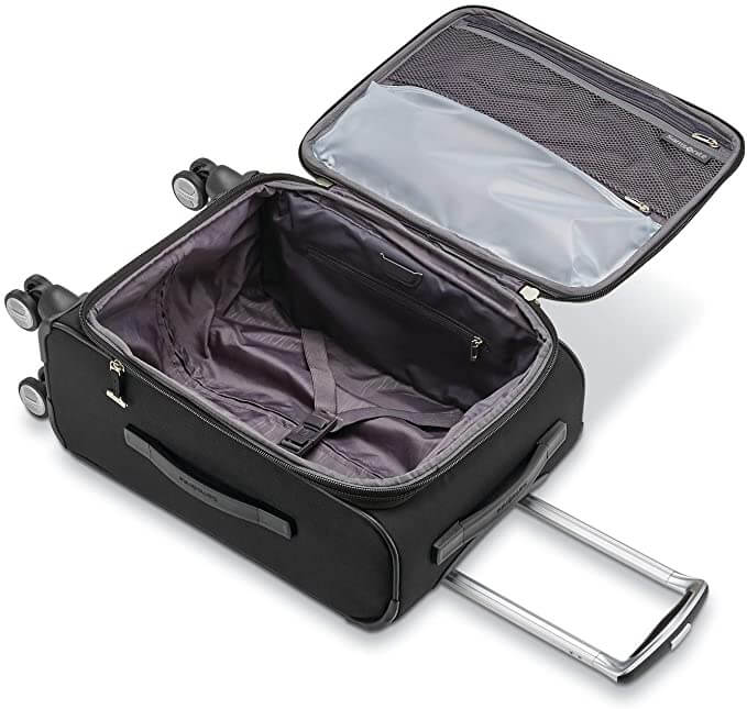 samsonite solyte dlx softside carryon suitcase black suitcase open flaps main compartment and grey and mesh zippered compartments expanded handle